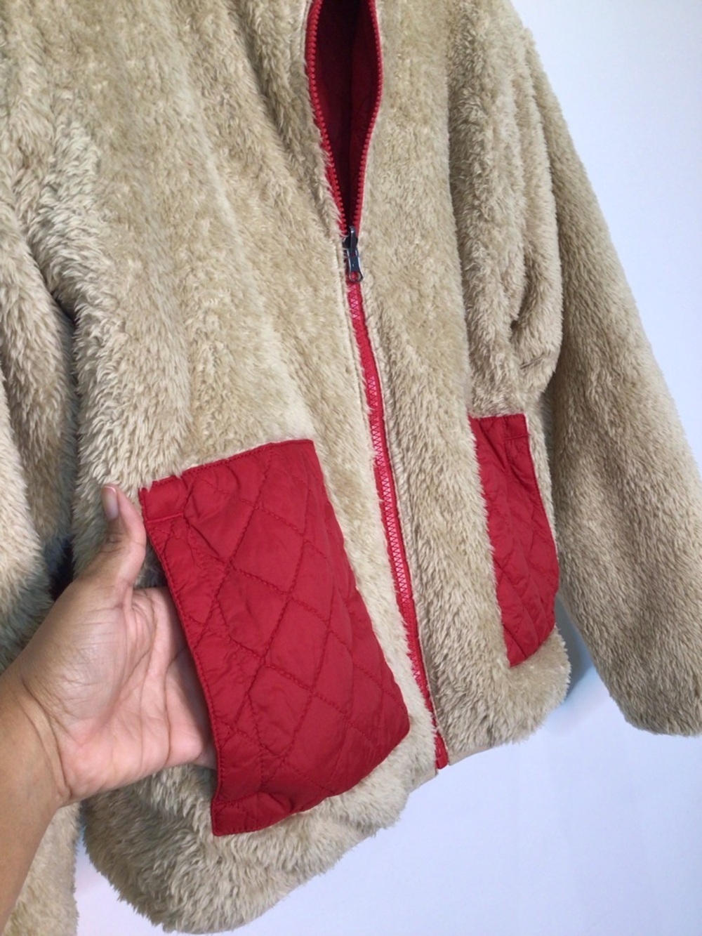 Zyia Active Women’s Large Quilted Sherpa Reversible Hooded Puffer Red Jacket - Picture 14 of 15